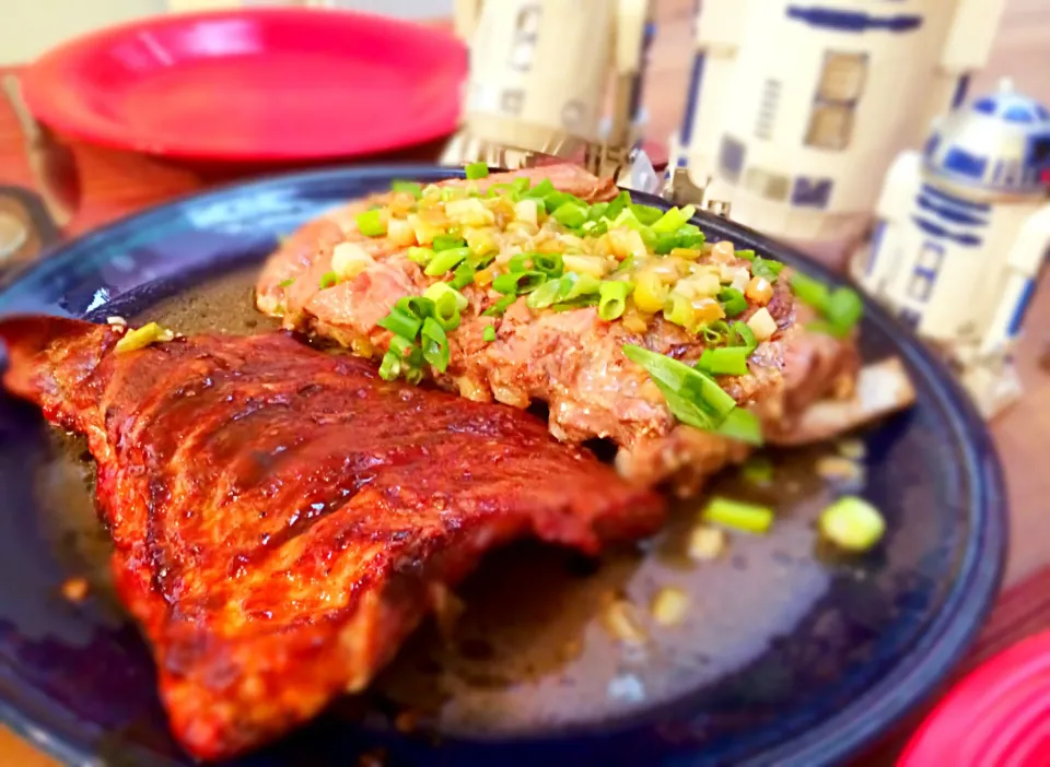 Snapdishの料理写真:Pork ribs two kinds. Roasted after marinated with soy sauce, blood orange juice and raspberry jam. Steamed with garlic ginger scallion and Chinese wine.|Akiko Nishimaeさん