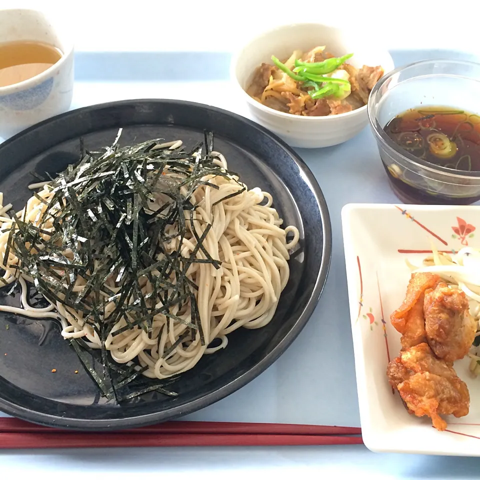 ざるそば、豚肉のカキソース炒め、鶏唐(ラーメンのトッピング用)|maixx ใหม่さん