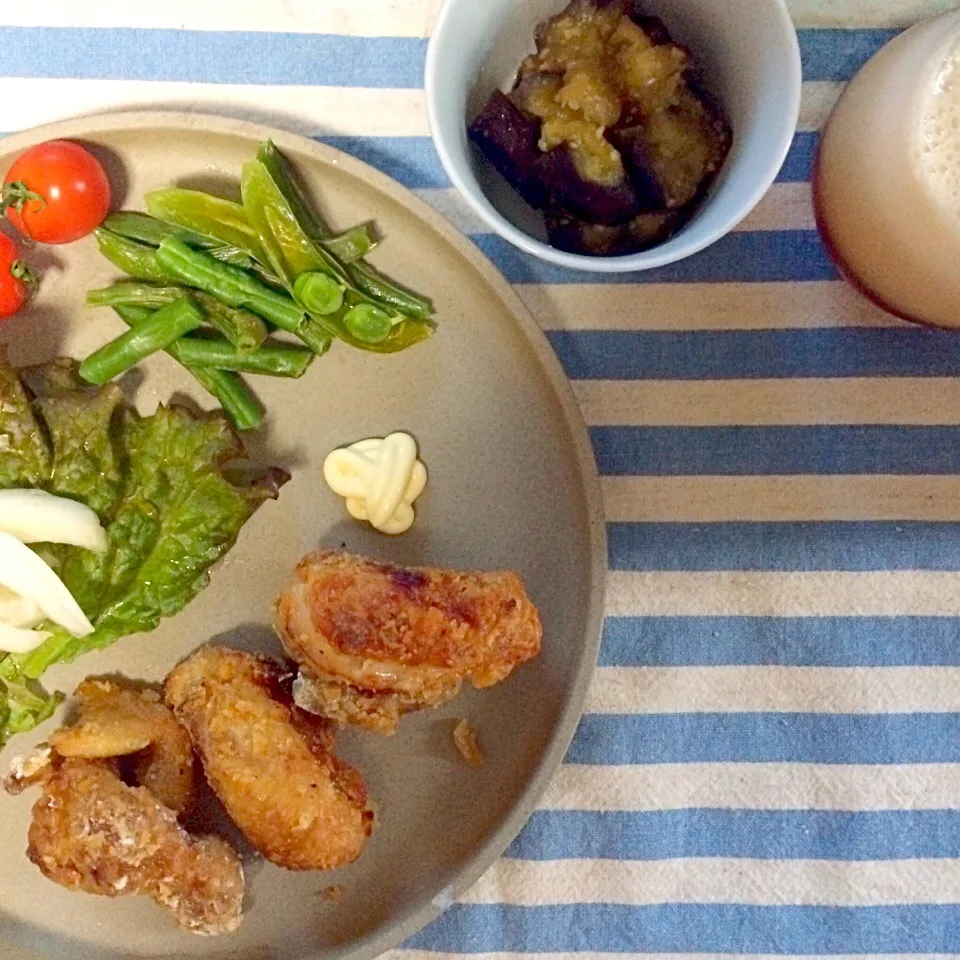 からあげ、豆さらだ、茄子の甘味噌煮|kumiさん