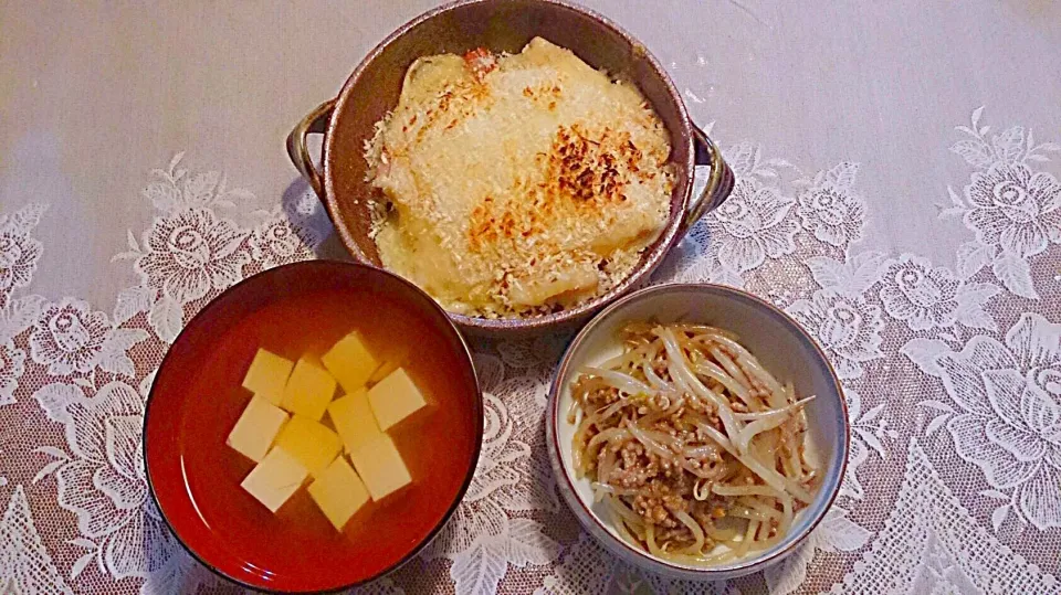 ①ささみチーズのパン粉焼き
②ひき肉ともやしのとんこつ醤油炒め
③豆腐のお汁|佑佳さん