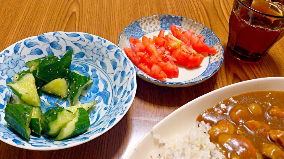 ・カレー（今日はじゃが芋人参玉葱茄子鶏肉）
・胡瓜のたたき（食べかけ(^_^;)）
・冷やしトマト|ようかんさん