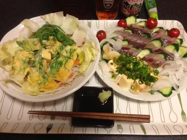 水菜の卵焼きモヤポン、飛び魚のお刺身、冷奴、キュウリ、ミニトマト🍅！꒰ •ॢ  ̫ -ॢ๑꒱✩✨|サソリさん