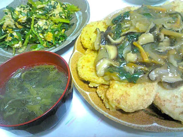 あんかけ豆腐もち☆ニラ卵☆ほうれん草と挽き肉の中華スープ|みぽりんさん