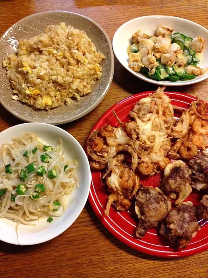 ★かき揚げ&肉天★ホタテときゅうりの酢味噌和え★もやしとおくらのナムル★焼き飯|三宅 里美さん