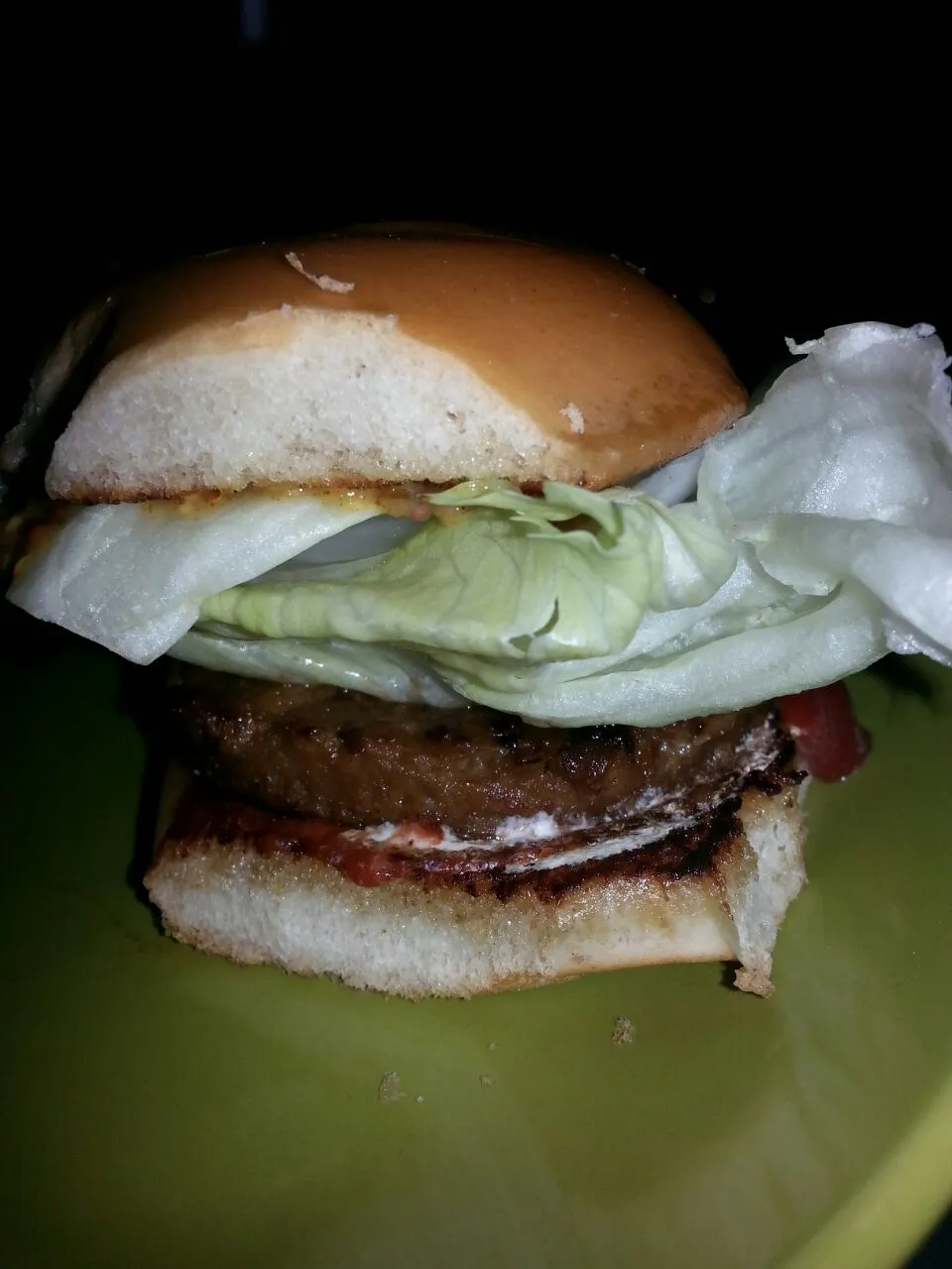 Snapdishの料理写真:my mini slider with mayo, ketchup, mUstard, onion, and lots of lettuce.|Polly Gelfusoさん