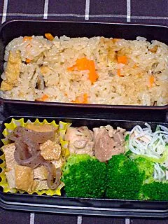 お弁当（炊き込みご飯、油揚げと糸こんにゃくの煮物、レモンペッパーチキン、春雨サラダ
ブロッコリー）|すーさん