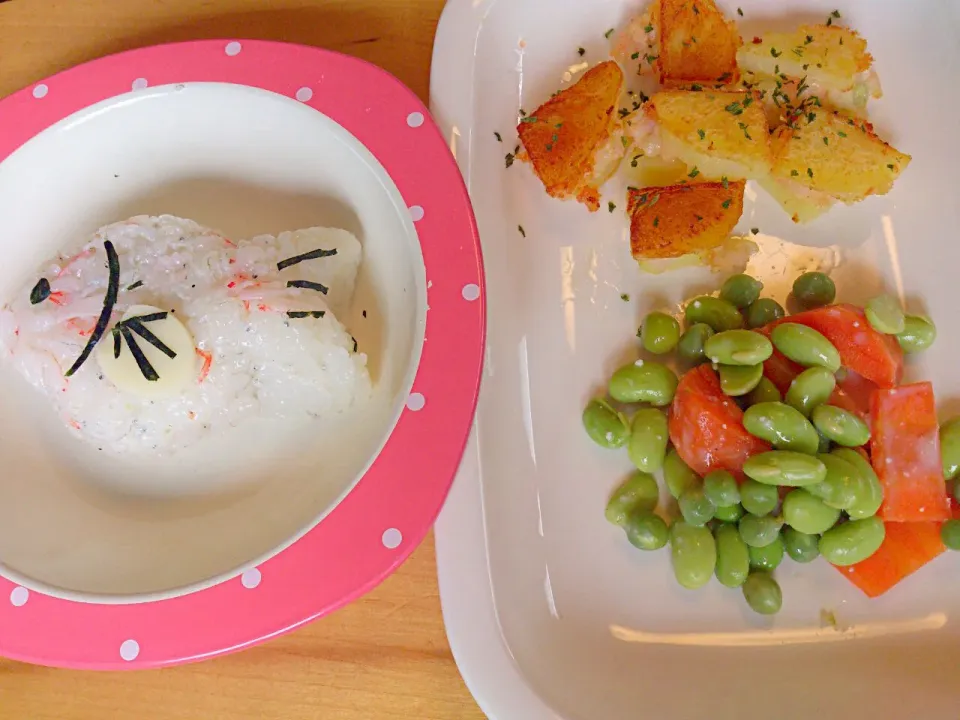 カニとジャコの魚ごはん/豆サラダ/じゃがいもとエビの挟み焼き|あんこさん