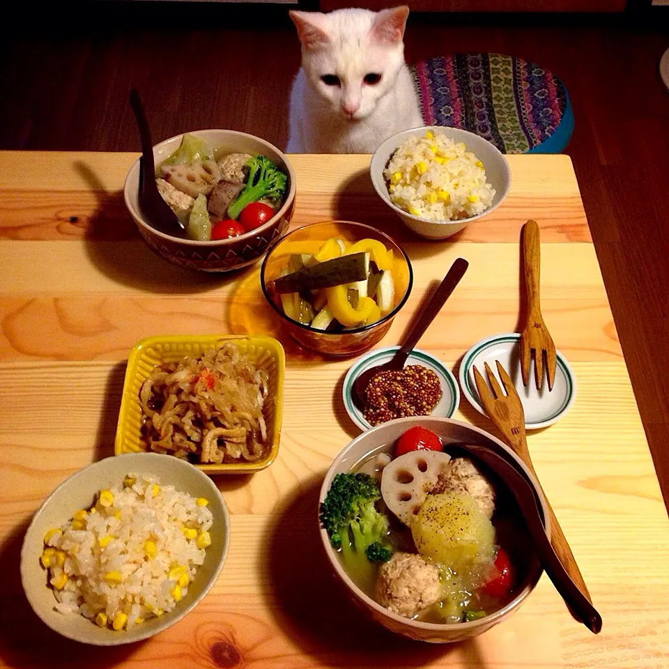 肉団子ポトフ。トウモロコシご飯。|naouさん