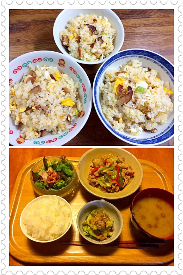 炒飯、肉野菜旨煮、サラダ、ズッキーニお浸し、なめこ汁|yuyusuzuさん