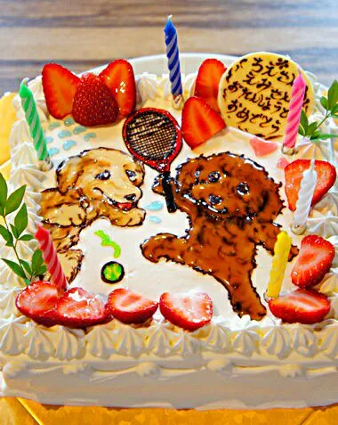 一緒にテニスをやっているコーチ＆お友達が開いてくれたお誕生日会♪ケーキはウチのワンコの絵(≧∀≦)可愛い!!|ちぃちゃんさん