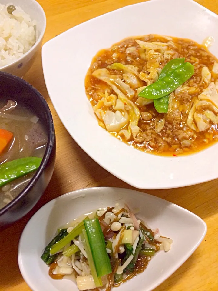 麻婆キャベツ、豚汁、豆ご飯|sibaさん