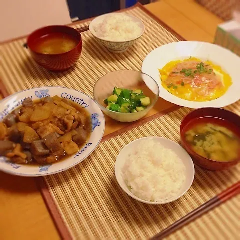 鶏肉と大根の煮物、水菜のカニ玉あんかけ、やみつきキュウリ|はるさん