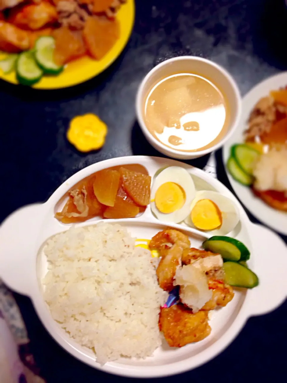 鶏胸肉の和風みぞれ唐揚げ☆豚コマと大根の煮物☆ゆでたまこ☆豆腐と油揚げの味噌汁|nichannさん