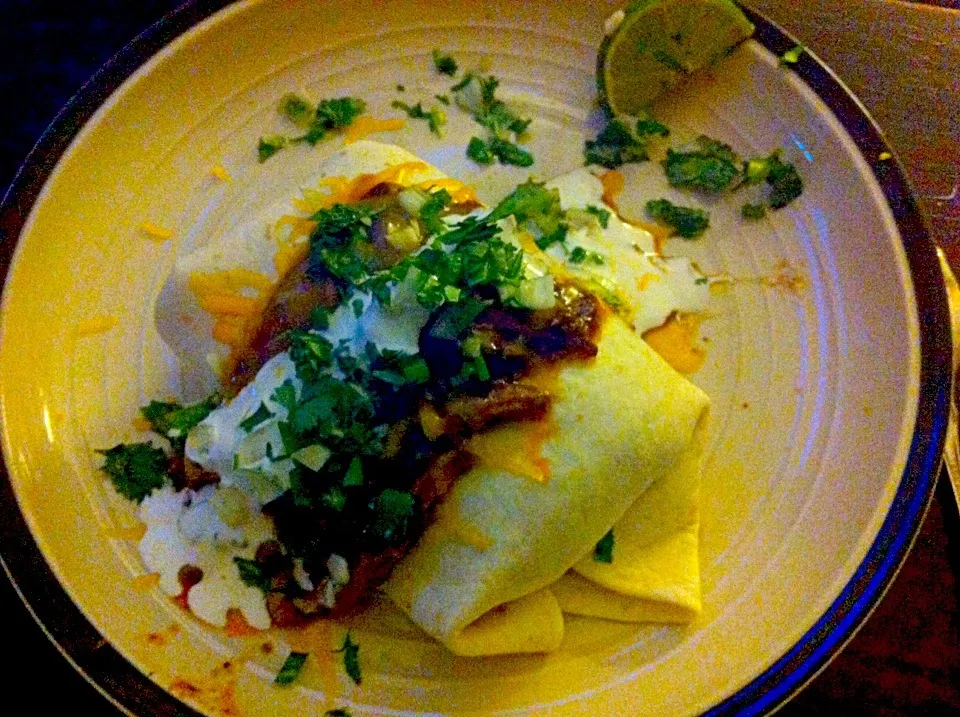 Pork and brown rice  burrito in red and green chili sauce|virginia frasseさん