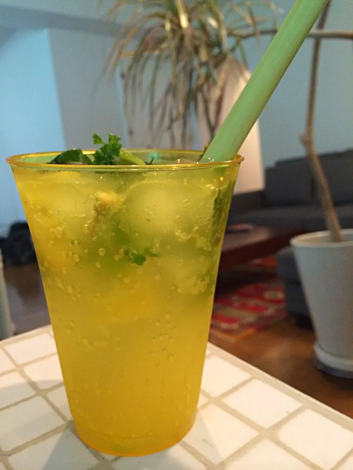 Virgin mojito;) with lemongrass straw. Lime, Pineapple, Mint, Parsley and sparkling water.|aястасияさん