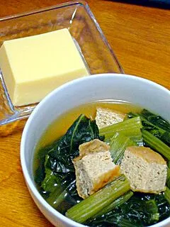 晩ご飯（小松菜と油揚げの煮物、卵豆腐）|すーさん