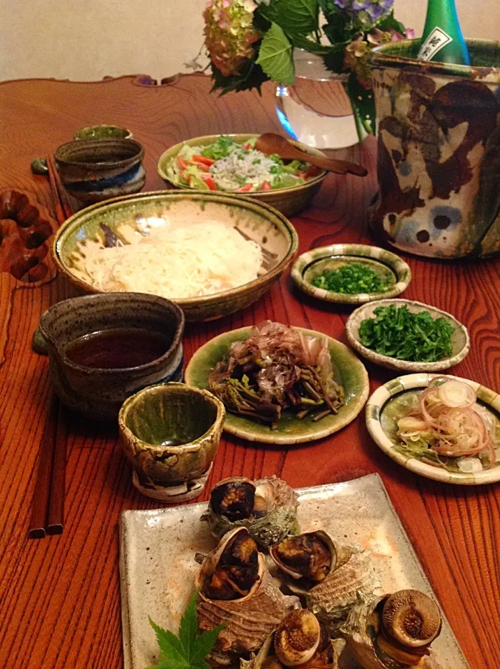 サザエの壺焼き  豆腐サラダ  素麺|izunさん