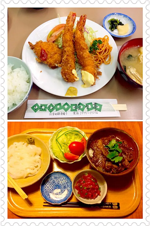 Snapdishの料理写真:昼は洋食屋さんの海老フライ、夜は自宅で焼肉丼、イカ刺し鮪中落ち、サラダ|yuyusuzuさん