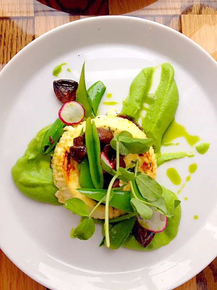 Pecorino sformatino - pecorino flan, snap peas, basil, spring pea purée, marinated mushrooms|Andrew Westrichさん