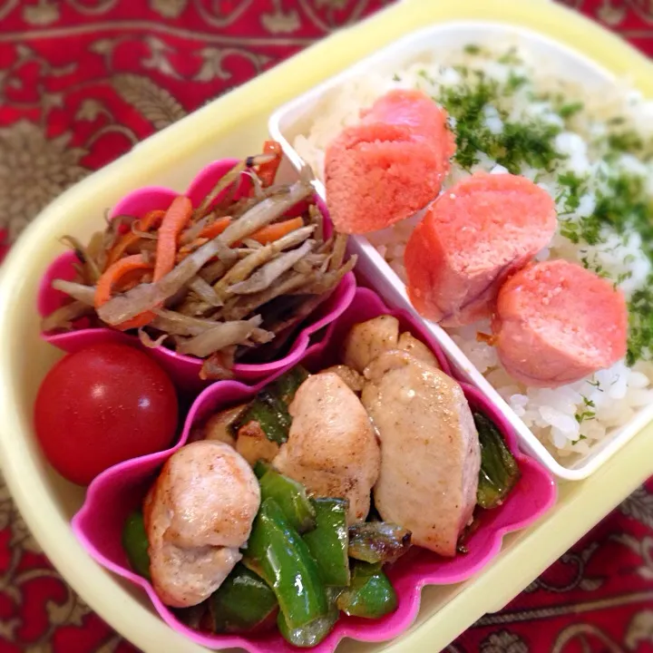 焼きたらこと鶏ささみとピーマンのマヨソース炒め弁当|もえさん