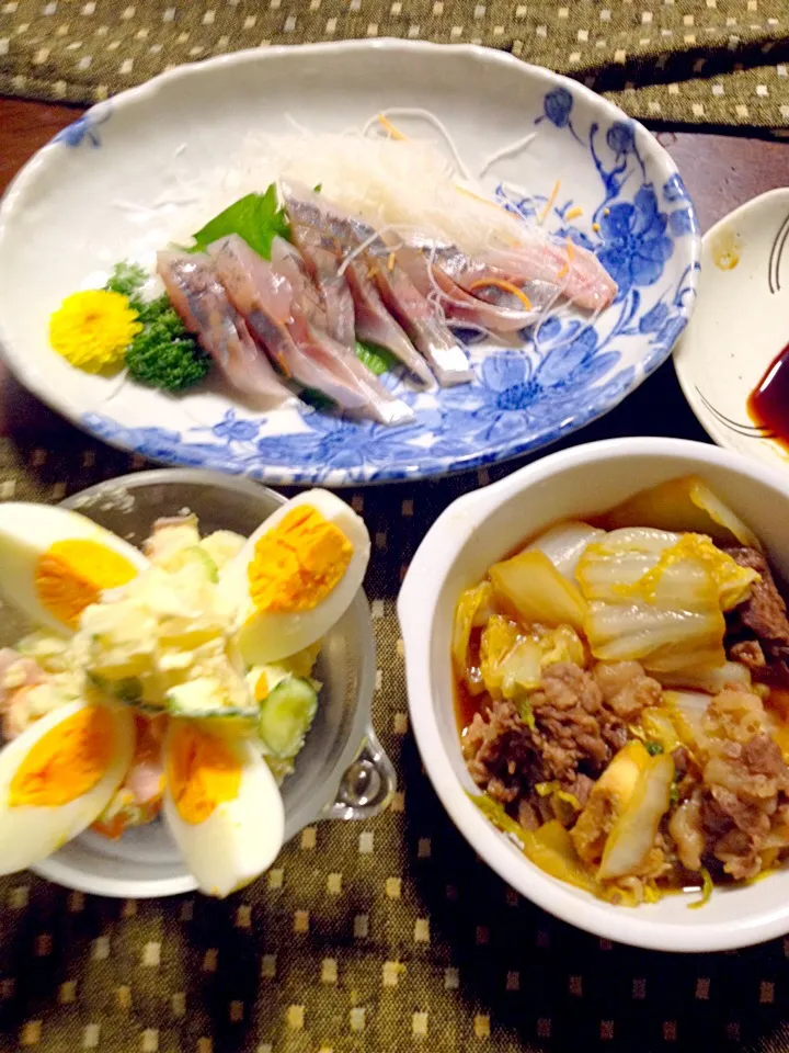 ポテトサラダ 白菜と牛肉の煮浸し 鯵の刺身|掛谷節子さん