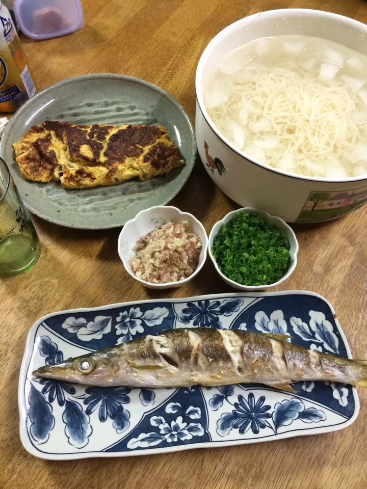 Snapdishの料理写真:冷麦、カマスの塩焼き、山椒の卵焼き|Hiromichi  Inudukaさん