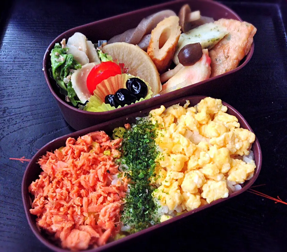 Snapdishの料理写真:娘の弁当 三色丼 おでん カブとレタスとトマトの明太子マヨ和え 黒豆煮|まった ゆうゆうさん