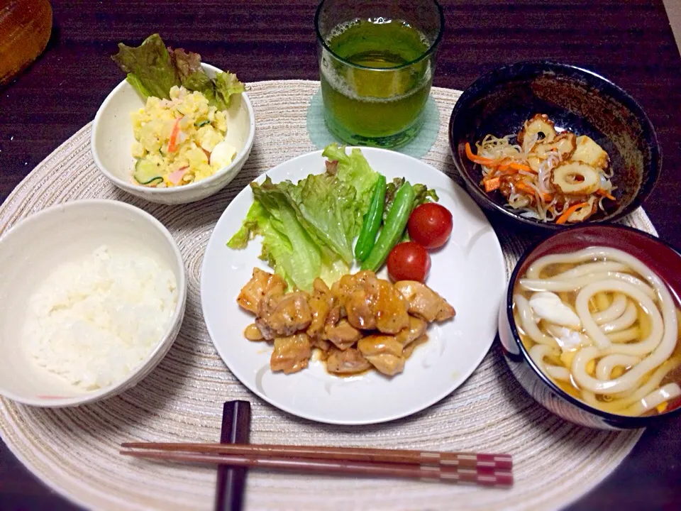 鳥照り焼き★ちくわしらたきピリ辛炒め★ポテトサラダ★うどん|poohさん