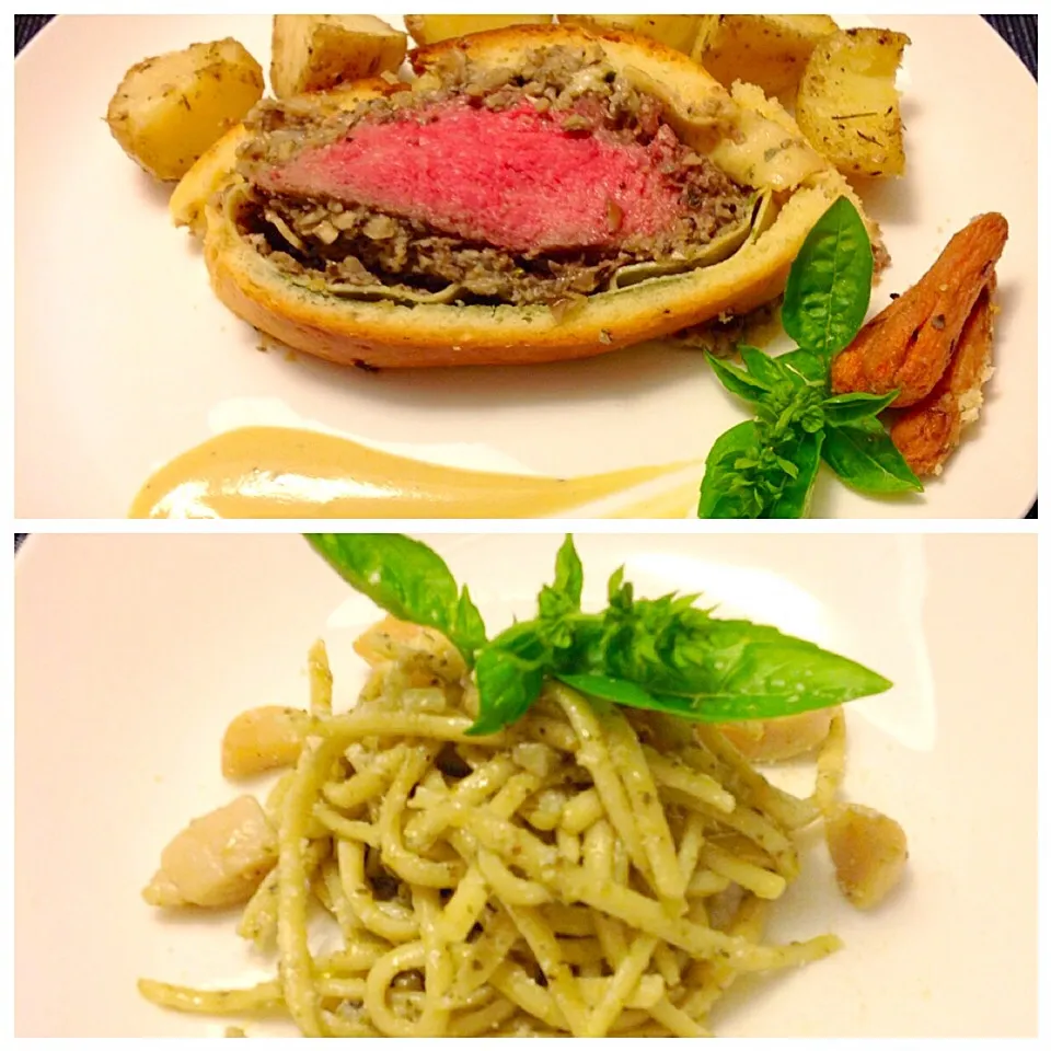 Beef Wellington and Linguini with Scallop in Basil Pesto Cream|ダイアナさん