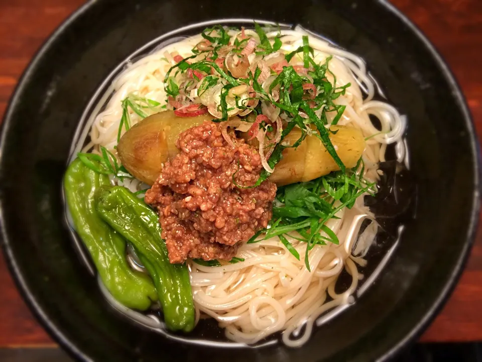 Snapdishの料理写真:焼き茄子薬味そうめん1|半田手延べそうめんの店 阿波や壱兆さん