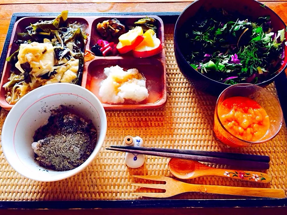 お豆腐の昆布とキノコ餡掛けと茄子の浅漬けと胡瓜の奈良漬けと新生姜梅酢漬けとサツマイモの檸檬煮と大根おろしと赤キャベツ、新玉ねぎ、春菊、小松菜、間引き人参、ディル、ミントの葉、アスパラの葉、キャベツのサラダとバナナと人参のスムージーと五穀米のすりゴマと煮干し粉がけ|トキロックさん