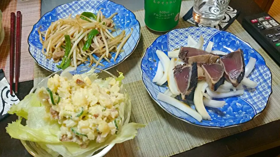 カツオのたたき＆ポテトサラダ＆もやし炒め|まぐろさん