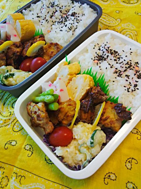 6月14日(土)
唐揚げカレー風味、出汁巻き卵、ポテトサラダ、アスパラ、しょうが天、プチトマト|Tomokoさん