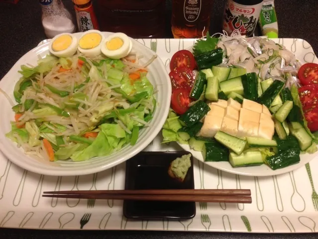 温野菜、ゆで卵、太刀魚のお刺身、冷奴、塩もみキュウリ、ミディトマト🍅！✩⃛꒰⁎⁍̴◡⁍̴⁎ ॢ꒱✨|サソリさん