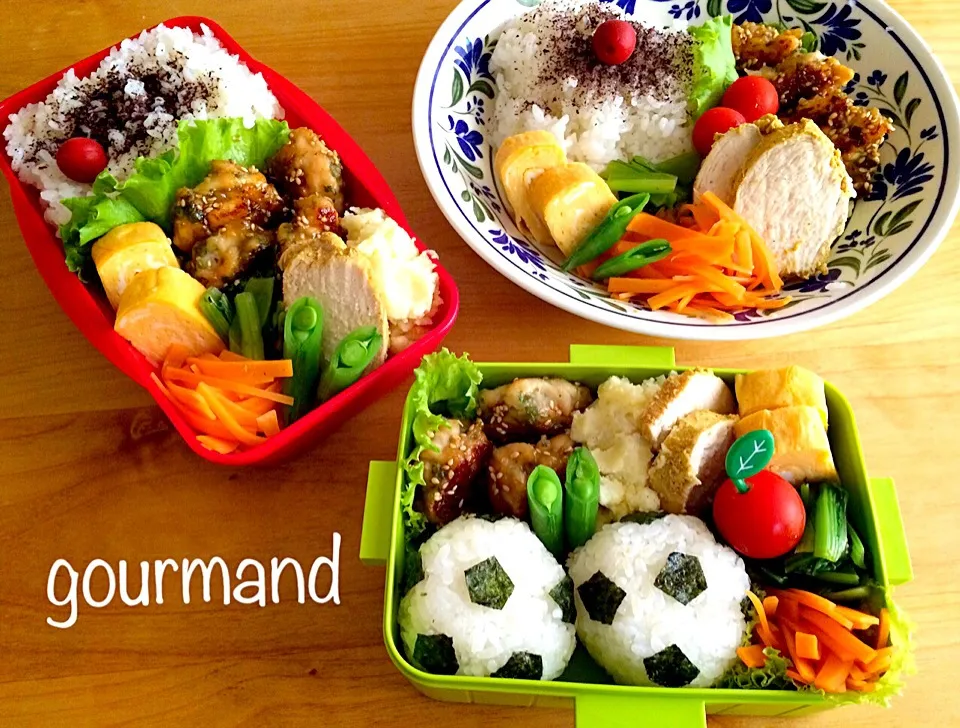 Snapdishの料理写真:⚽️次男 試合お弁当⚽️  ともさんの🎀柚子胡椒風味♪胸肉の丸め焼き入り💕|プーティさん