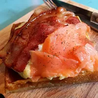 Savoury Waffle #waffle #bacon #smokedsalmon #omelette #cheese