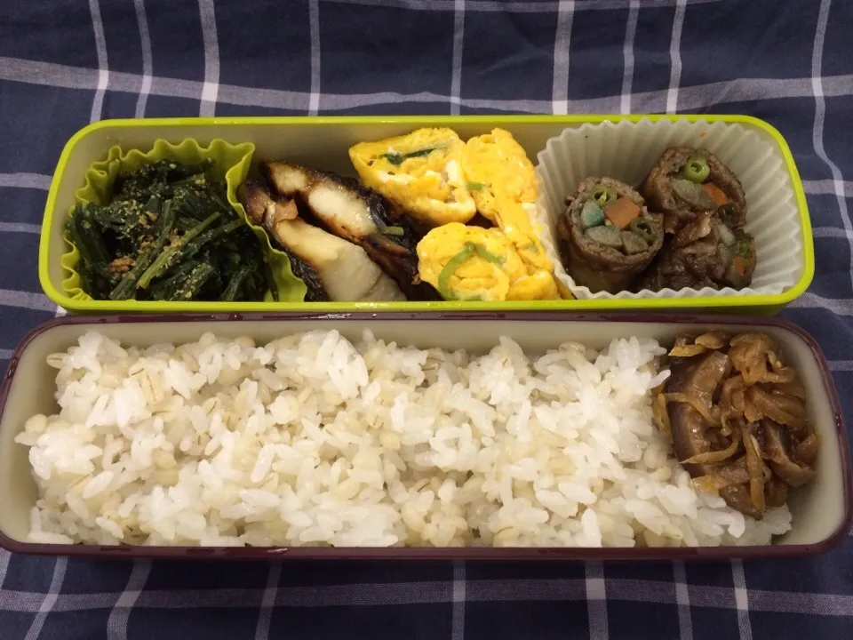 弁当（鰆西京焼き、牛肉巻き、玉子焼き、ほうれん草胡麻和え、生姜佃煮）|SasaMasa213さん