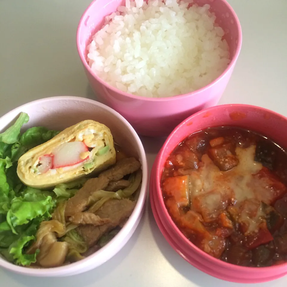 Snapdishの料理写真:カニカマ枝豆卵焼き、キャベツと豚肉の味噌炒め、ラタトゥイユ|Snack PIYOさん