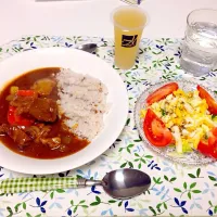 Snapdishの料理写真:ビーフシチュー ミモザサラダ もらいものの白桃ゼリー|まいたろさん