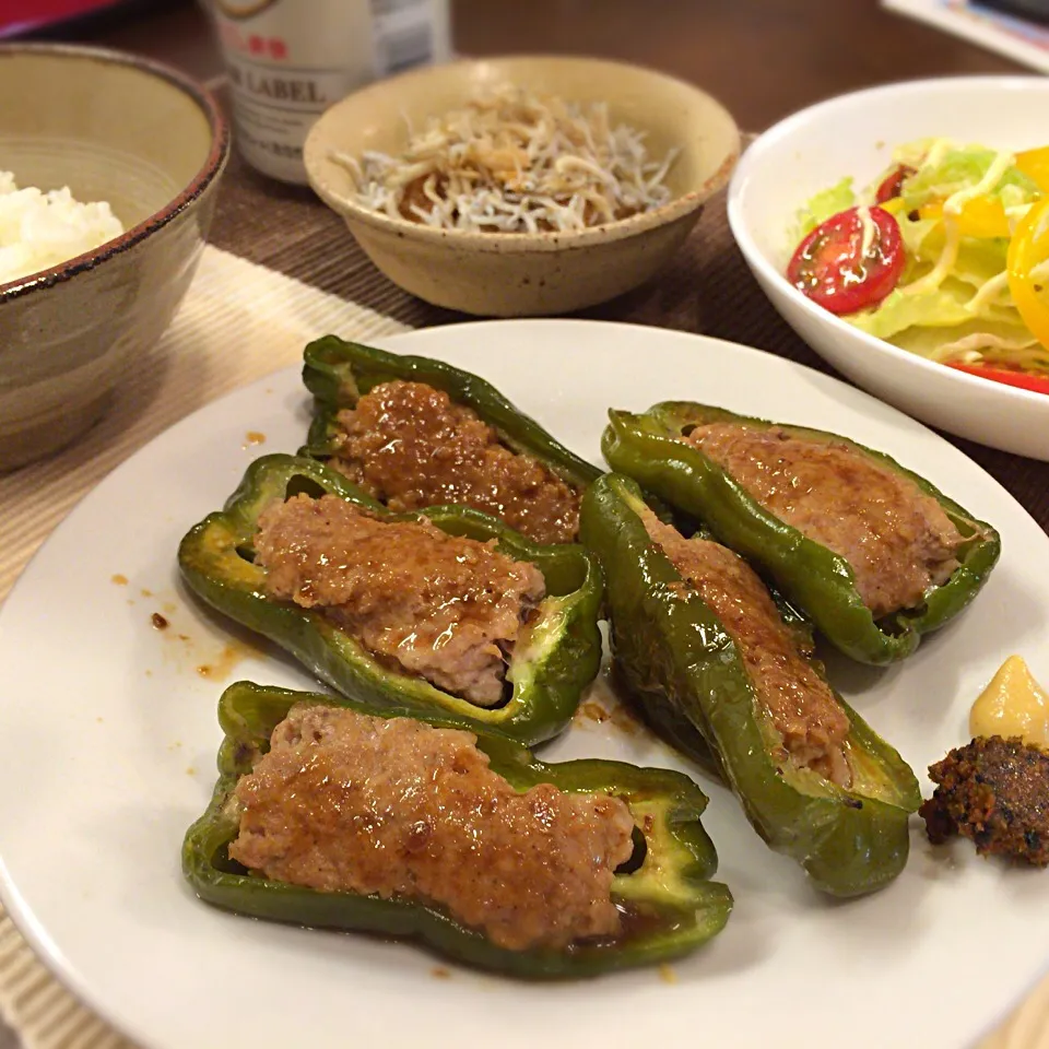 ピーマン肉詰め サラダ 大根おろし|さるさん