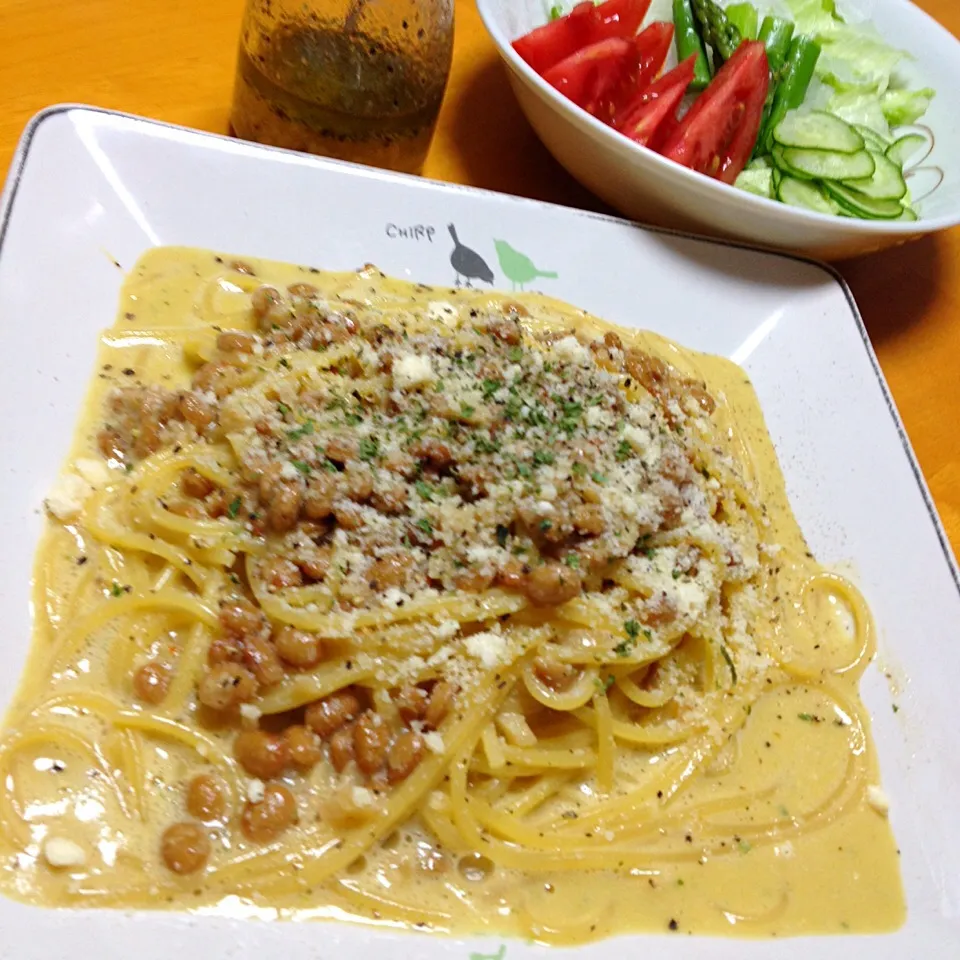 焦がし醤油の納豆カルボナーラスパゲティ|カウンター嬢さん