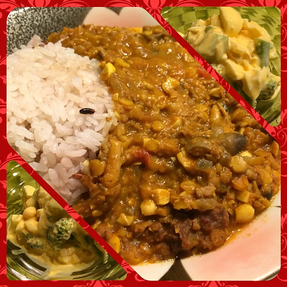 Snapdishの料理写真:挽肉とレンズ豆とキノコのカレー、ブロッコリーのタルタルサラダ|gintanさん