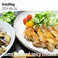 Snapdishの料理写真:*スパイシーチキン~ｹｲｼﾞｬﾝ味~
*あさりとしめじの酒蒸し
*ｷｭｳﾘのビール漬け

 #チキン|くるみンさん