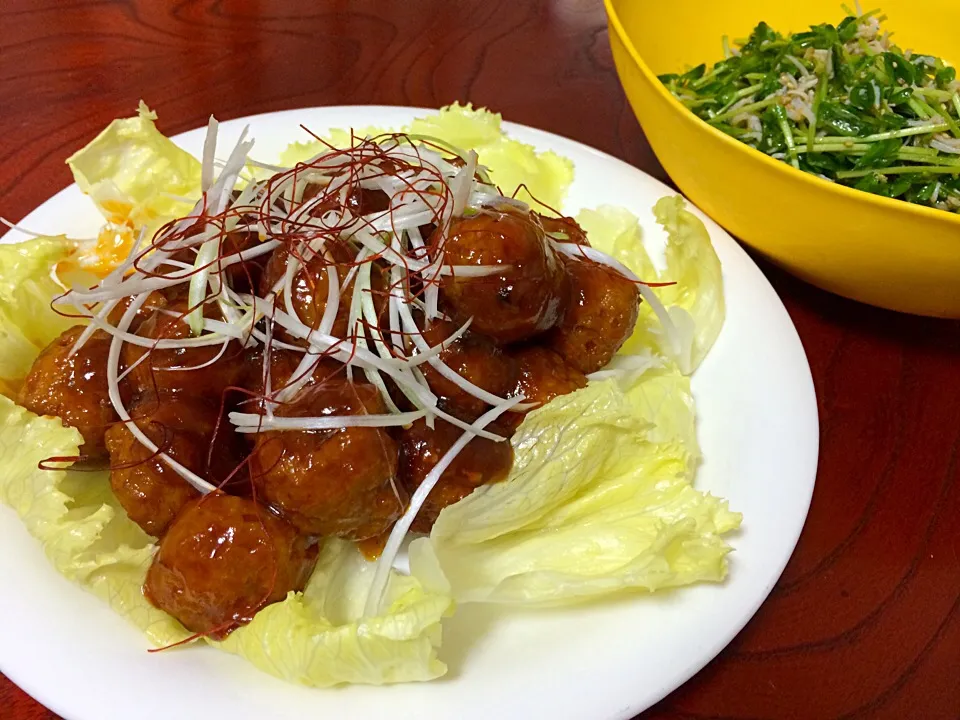 甘酢あん肉団子。豆苗とシラスのサラダ|Hiropanさん