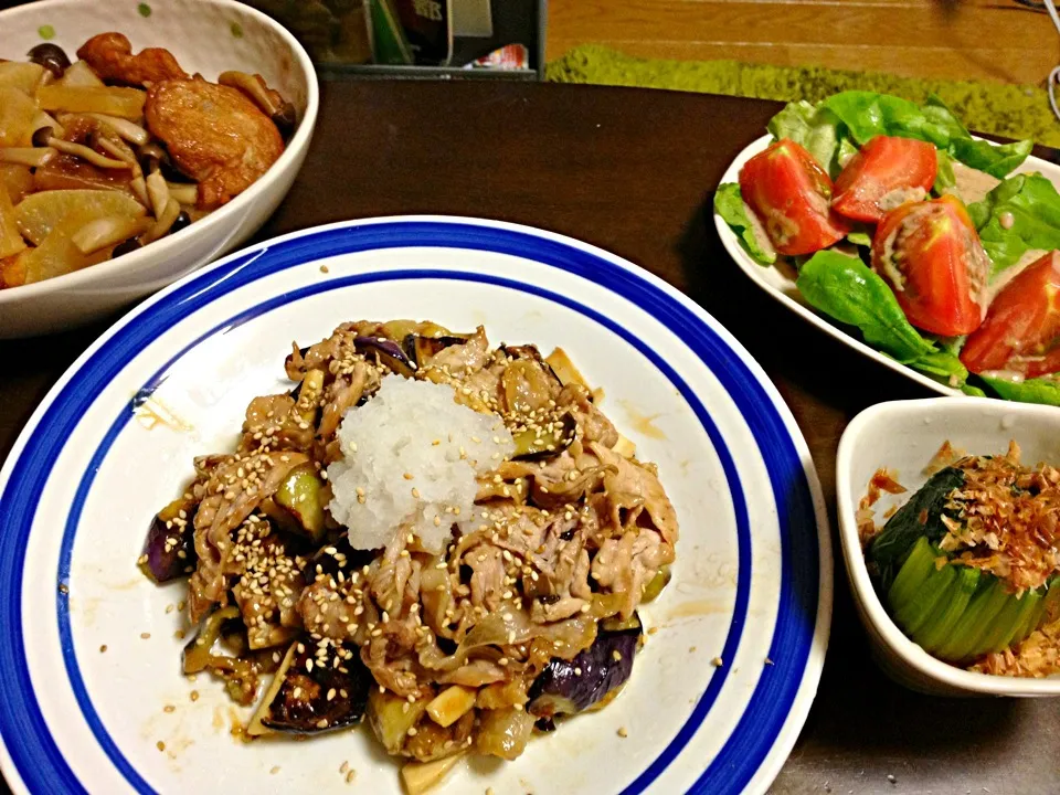 茄子と豚肉のおろし照りだれ、大根と練り物の煮物、小松菜おひたし、サラダ|かなさん