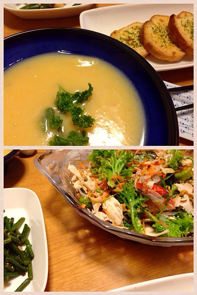 夕餉。じゃがたまにんじんのポタージュ、鶏胸肉サラダ、国産ニンニクの芽と鶏の炒め物|Ozzyさん