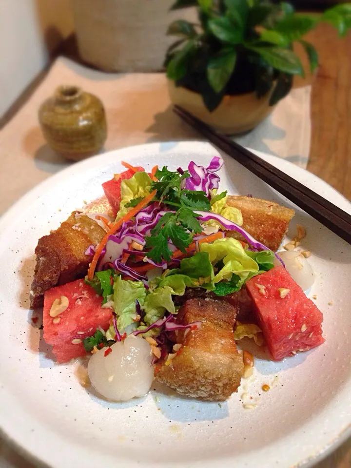 Lychee,watermelon and crispy pork salad,with lime dressing|rick chanさん