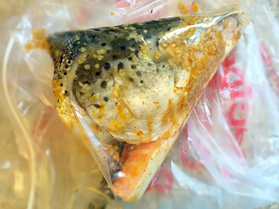 Salmon head. Great for grill (also good for chawder) ノルーウェーサーモンの頭ゲット。3.99ドル也。辛塩麹に漬けて冷凍。BBQですな（￣+ー￣）|mamakumiさん