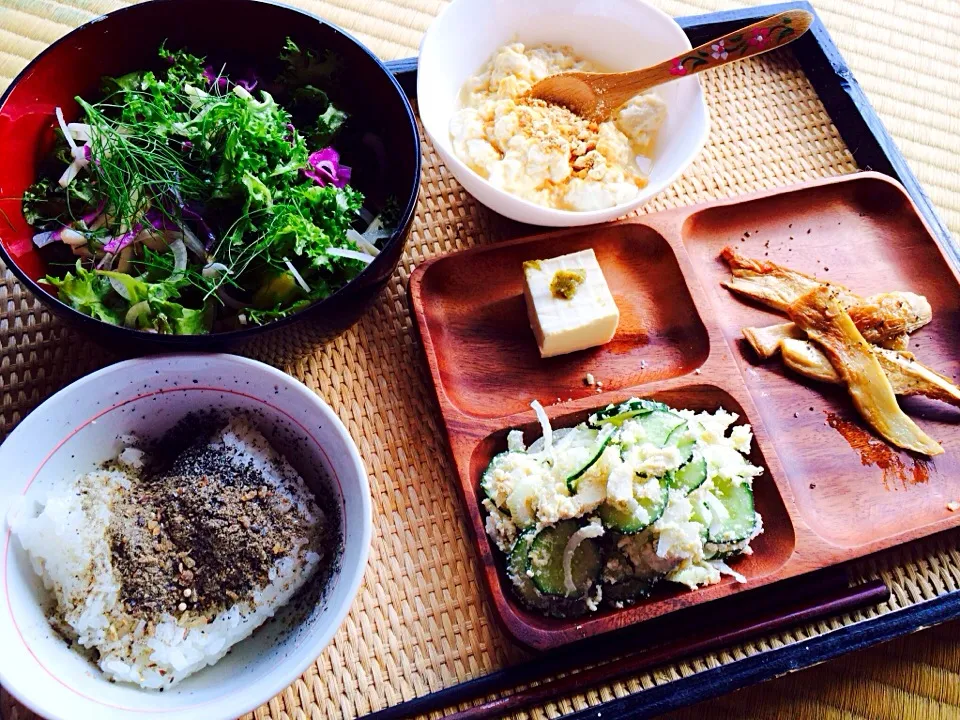 生野菜サラダとお豆腐とおからサラダとキノコのソテーと自家製豆乳ヨーグルトのきな粉とメープルシロップがけと胡麻と煮干し粉の振り掛けご飯|トキロックさん