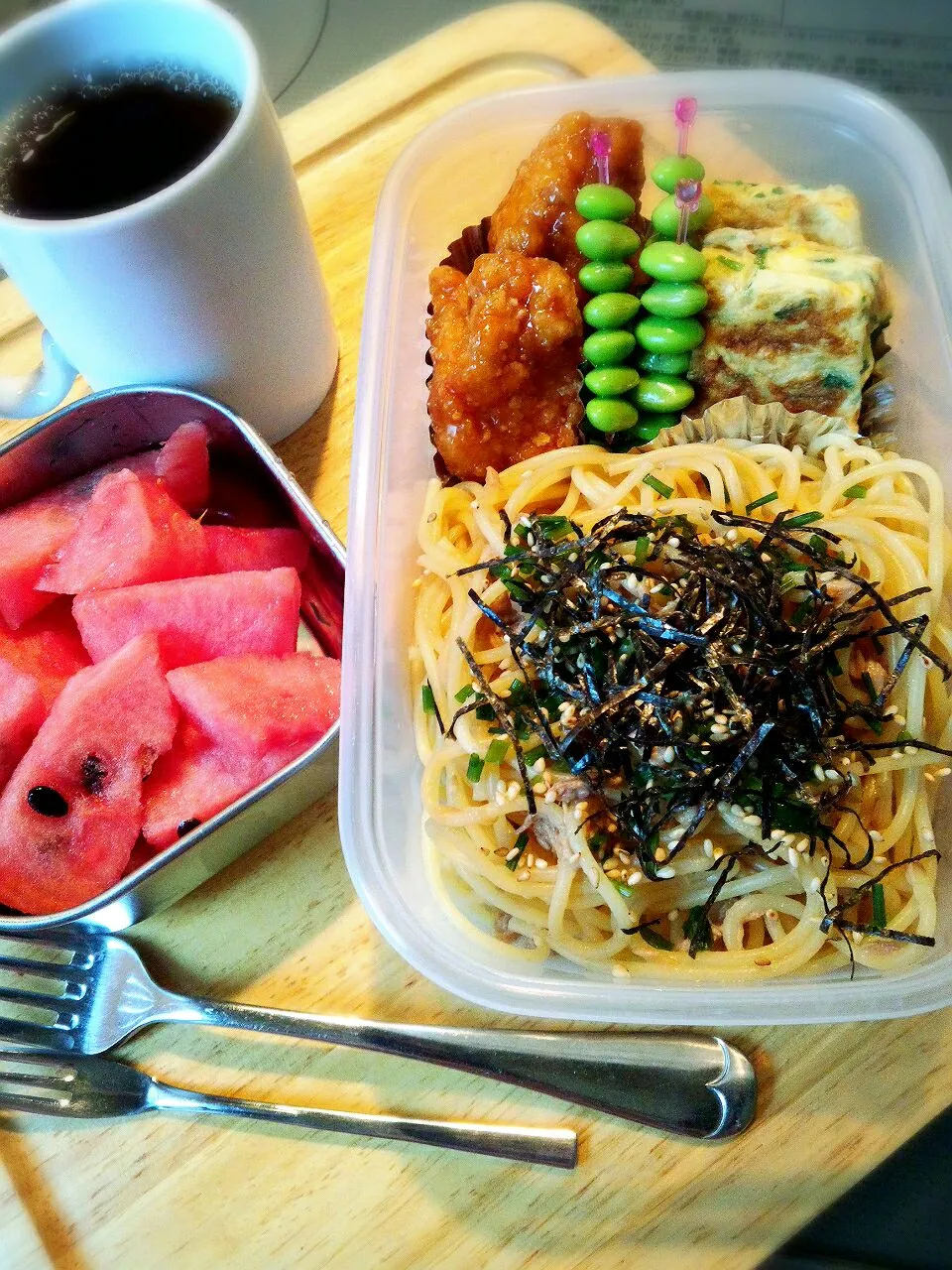 【お迎え弁当】ツナとめんつゆの和風パスタ|マカロンさん